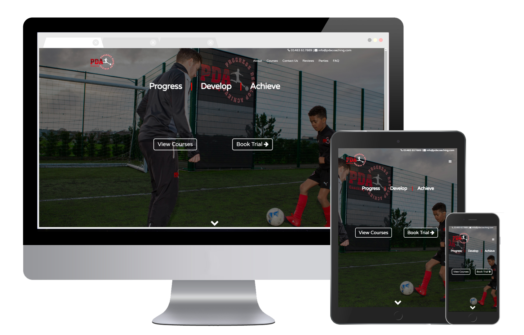 PDA Coaching Homepage demonstrated on a range of screen sizes.